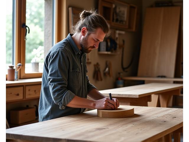 Gründer von Heimblick Designs in einer eleganten Holzwerkstatt, umgeben von nachhaltigen Materialien und klassischen Möbelstücken.
